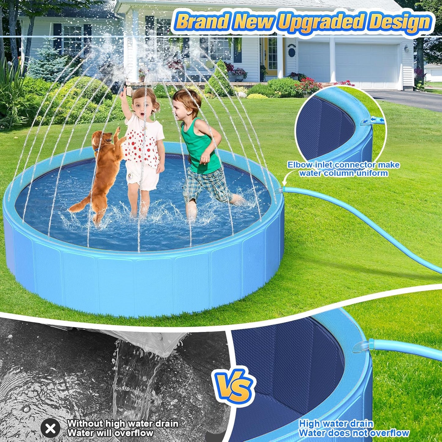97In Extra Large Anti-Slip Dog Pool with Sprinkler, Sturdy 2-in-1 Foldable Hard Plastic Kiddie/Kids Swimming Pool, Summer Swimming Bath Tub for Kids/Large Dogs/Pets