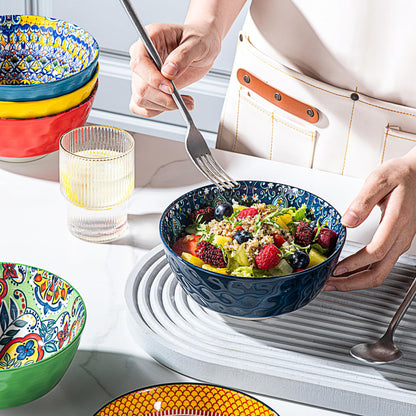 HENXFEN LEAD Ceramic Cereal, Soup Bowls Set of 6-25 Oz Porcelain Serving Bowls for Dinner, Pasta, Salad, Oatmeal, Microwave & Dishware Safe - Bohemian Style