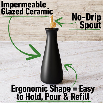 HB Design Co. Ceramic Olive Oil Dispenser with Self-Closing Gold Spout - 530 ML Capacity Matte White Ceramic Oil Dispenser for Kitchen - Leak Proof EVOO Dispensing Bottle