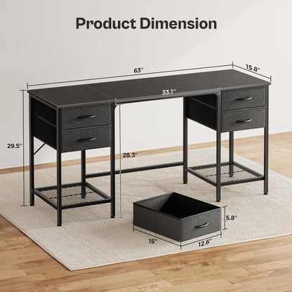 Huuger 63 Inch Computer Desk with 4 Drawers, Mesh Shelf, Gaming, Large Storage, Writing Work Desk for Home, Study, Bedroom, Work from Home, Black