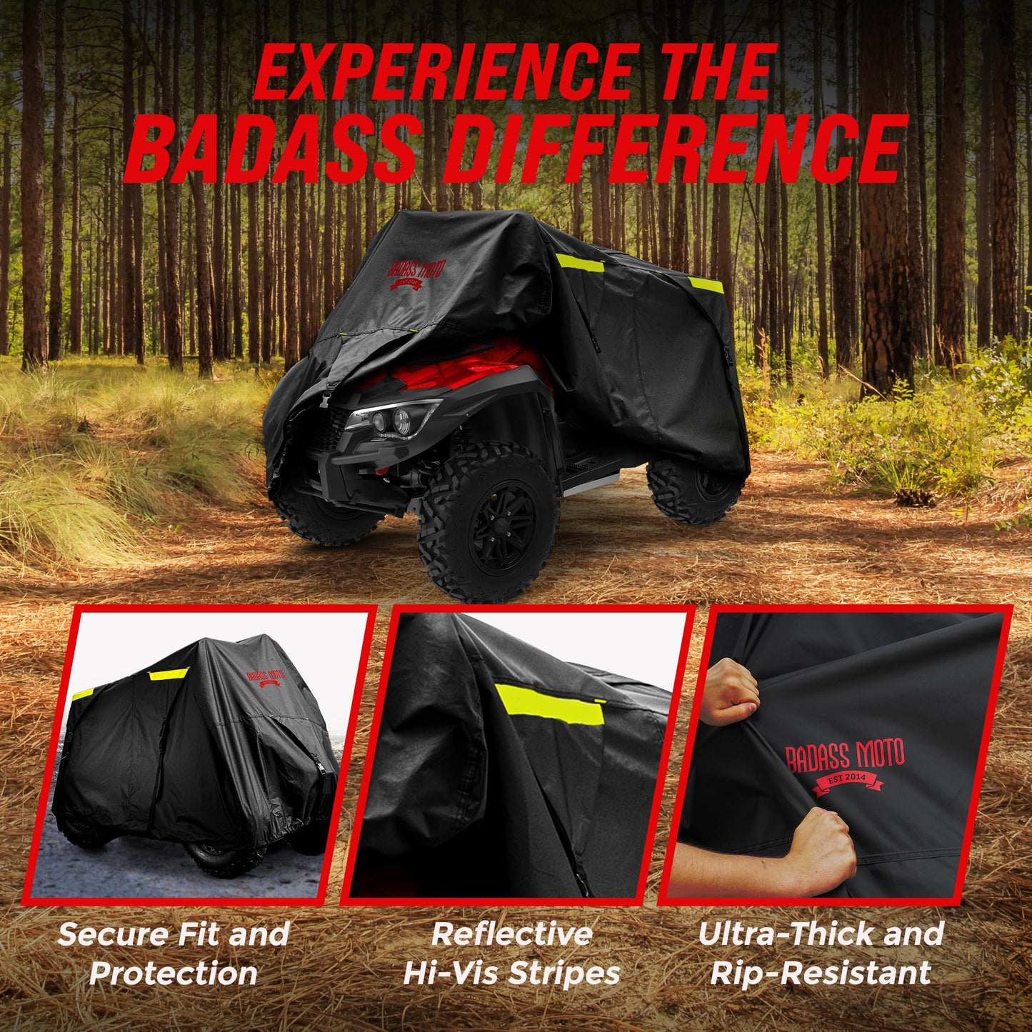 Badass Moto ATV Covers Waterproof Outdoor Heavy Duty - Rip-Resistant ATV Cover with Easy Access Zipper - Durable and Versatile Four Wheeler Accessories for Quad and Powersport Vehicles, Small (75")