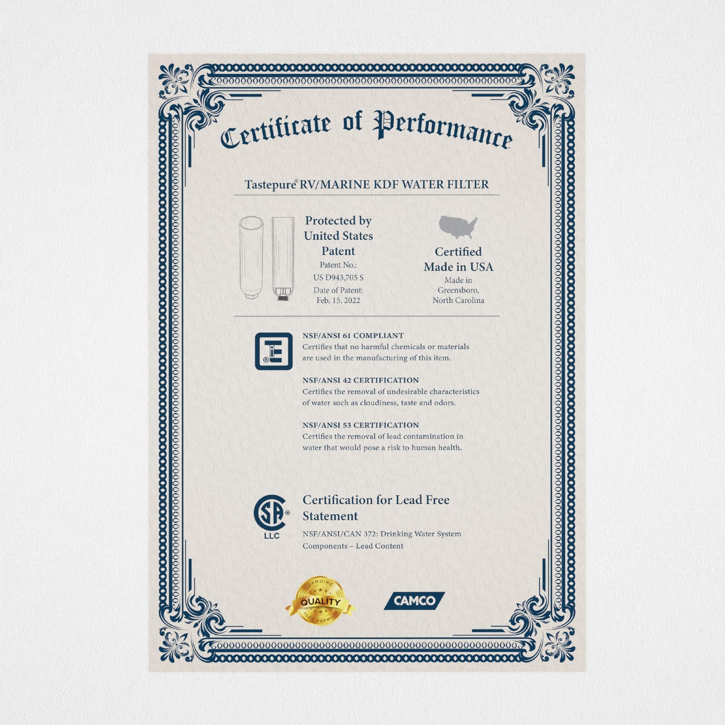 Camco Tastepure RV Water Filter - New & Advanced RV Inline Water Filter with Flexible Hose Protector - GAC & KDF Filtration - Made in USA - Camping Essentials for Fresh Drinking Water (40043)