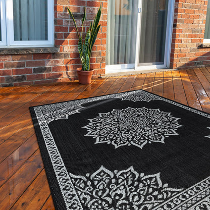 CAMILSON Outdoor Rug, 5x7 Medallion Black White Modern Area Rugs for Indoor and Outdoor Patios, Kitchen and Hallway Mats, Washable Porch Deck Outside Carpet (Medallion Black, 5 x 7)