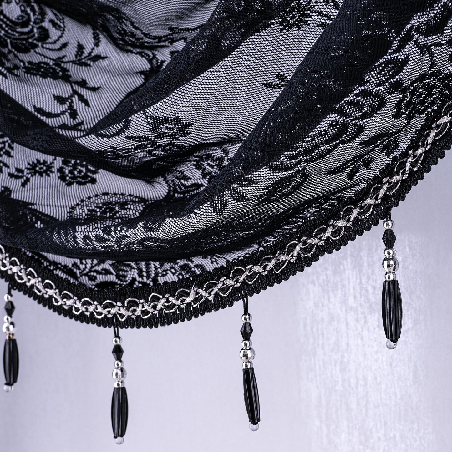 Huierxun Halloween Black Lace Waterfall Window Valance with Bead Tassels Floral Embroidered Valance Curtains Semi Sheer Rod Pocket Valance/Swags for Bedroom/Living Room/Kitchen/Basement(Black,39"x41")
