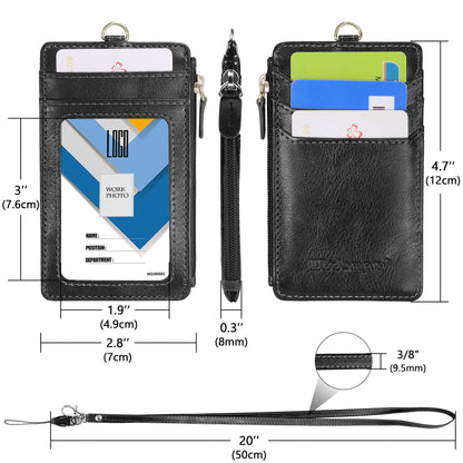 Badge Holder with Zipper, Wisdompro School Supply 2-Sided PU Leather College ID Badge Holder with 1 ID Window, 4 Card Holder Slots, 1 Side Pocket and 20 Inch Leather Neck Strap Lanyard -Vertical Black