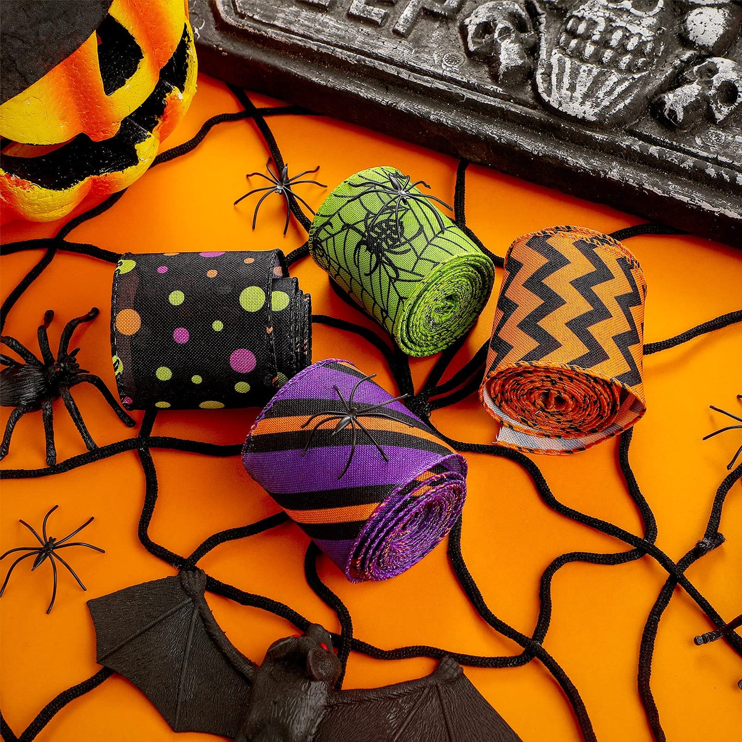 4 Rolls 20 Yards Halloween Wired Edge Ribbon Spider Web Printed Grosgrain Ribbons Halloween Theme Holiday DIY Craft Wrapping Ribbon for Home Party Decor