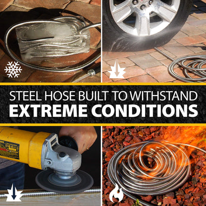 BIONIC STEEL 100 Ft Metal Garden Hose with Sprayer Nozzle, Non Kinking Designed Stainless Steel Heavy Duty Water Hose 100 Ft x 5/8 in. Flexible NON Expandable for Uninterrupted Water Flow, 500 PSI