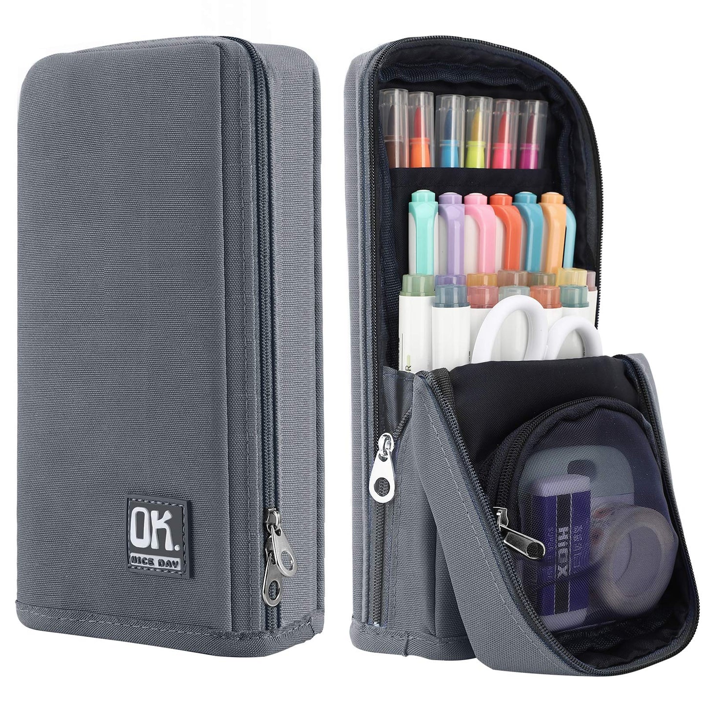 Housolution Standing Pencil Case Large Capacity Pen Bag, Multi-Layer Pen Pouch Pencil Holder Stationery Organizer, Polyester Pencil Bag Storage Box Desk Organizer, Gray