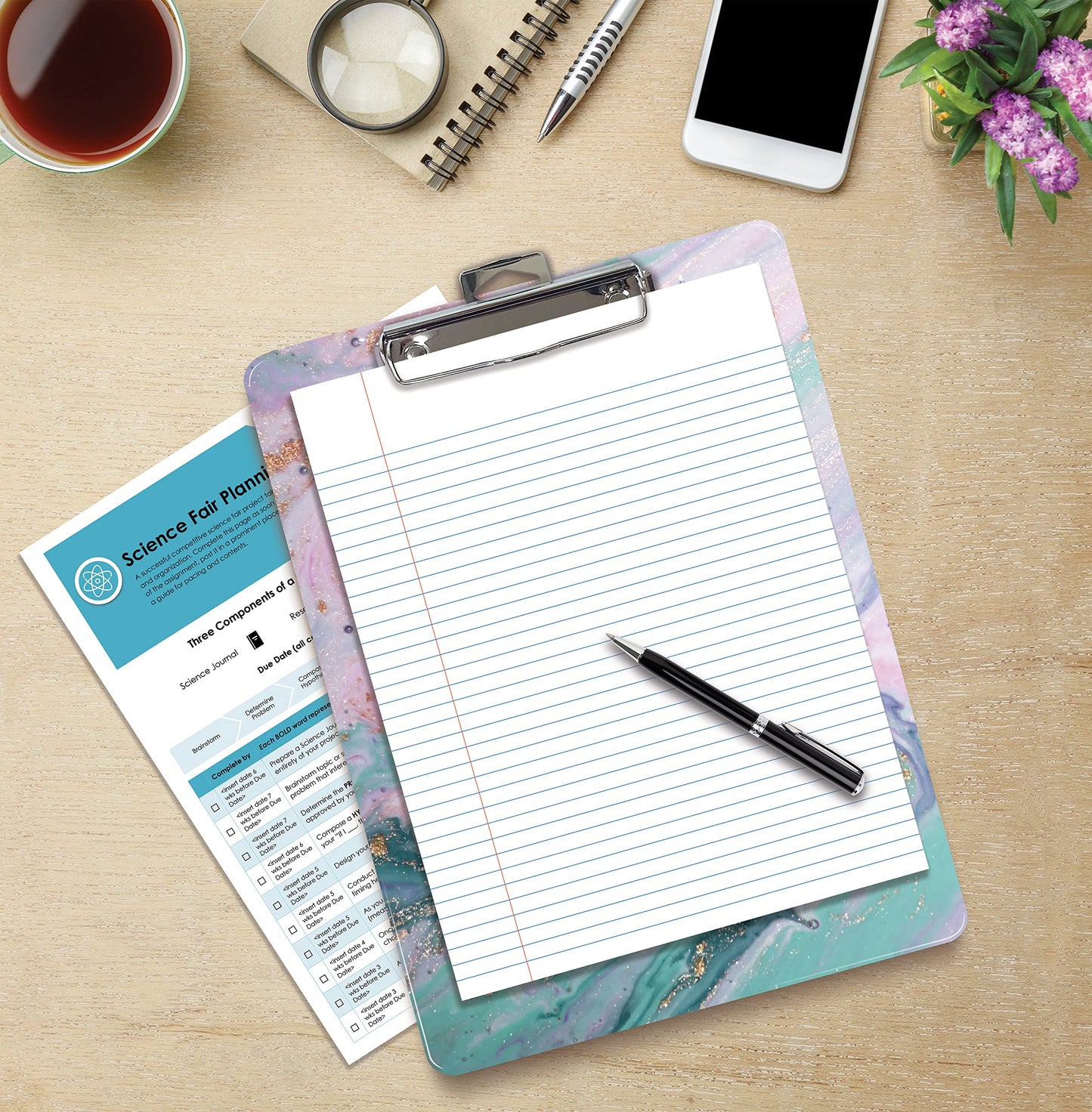 Better Office Products Fashion Clipboard, Marble Design, Standard A4 Letter Size, 12.5" x 9", Wooden Clipboard, Low Profile Clip with Retractable Hanging Tab, Decorative Clipboard (Marble Swirl)