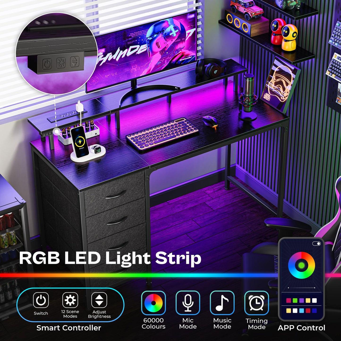 Huuger 47 Inch Computer Desk with Power Outlets and LED Lights, Gaming Desk with 4 Drawers, Office Desk with Monitor Stand, Study Work Home Office, Small Spaces, Black