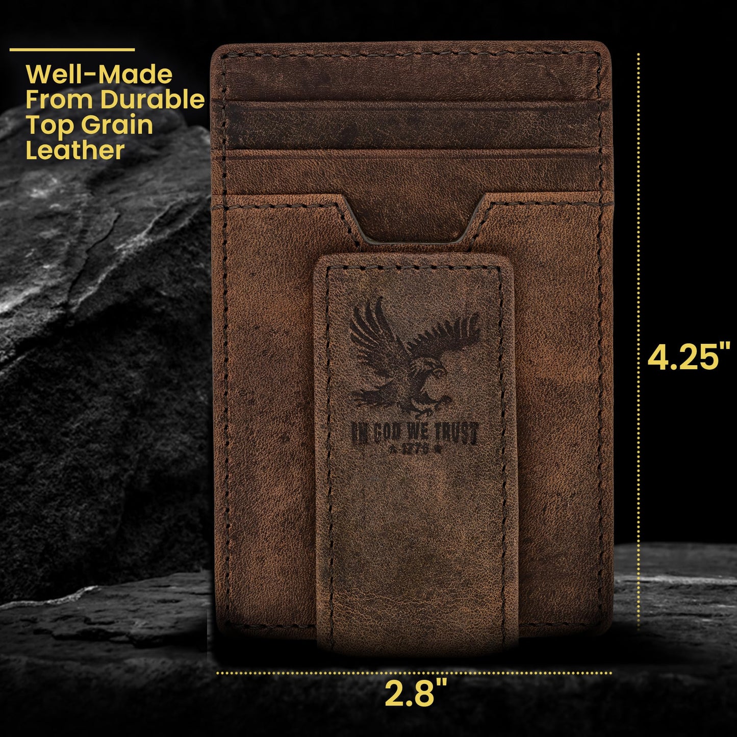 BULL GUARD RFID Magnetic Money Clip Men's Wallet Crafted from Genuine Leather, Slim Front Pocket Minimalist Card Case With 4 Credit Card Slots, ID and Middle Pocket