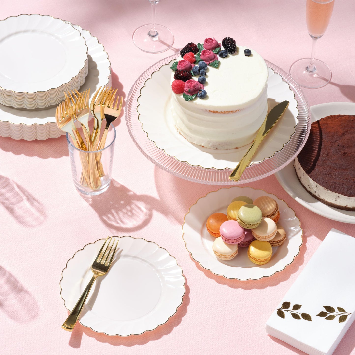 By Madee PREMIUM 60 Pc Ivory Scalloped Plastic Plates with Gold Trim – 30 Dinner & 30 Dessert Nice Plastic Plates for Party – Disposable & Elegant for Wedding, Showers, Special Moments (30 Guests)