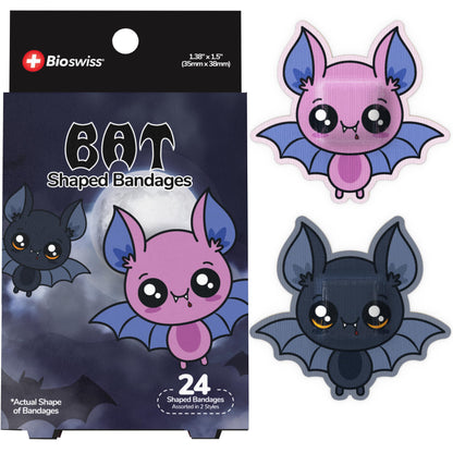 BioSwiss Bandages, Halloween Bat Shaped Self Adhesive Bandage, Latex Free Sterile Wound Care, Fun First Aid Kit Supplies for Kids, 24 Count