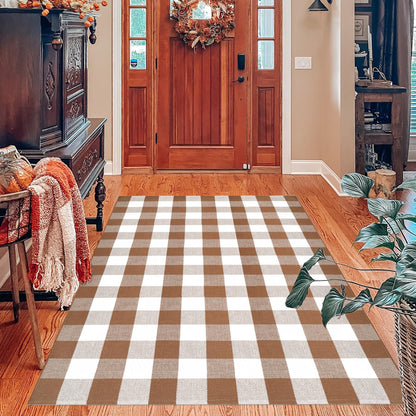 Buffalo Plaid Outdoor Rugs, 4'x6' Coffe and White Checkered Area Rug, Layering Rug for Hello/Welcome Door Mat, Washable Cotton Woven Farmhouse Mat for Front Porch Décor
