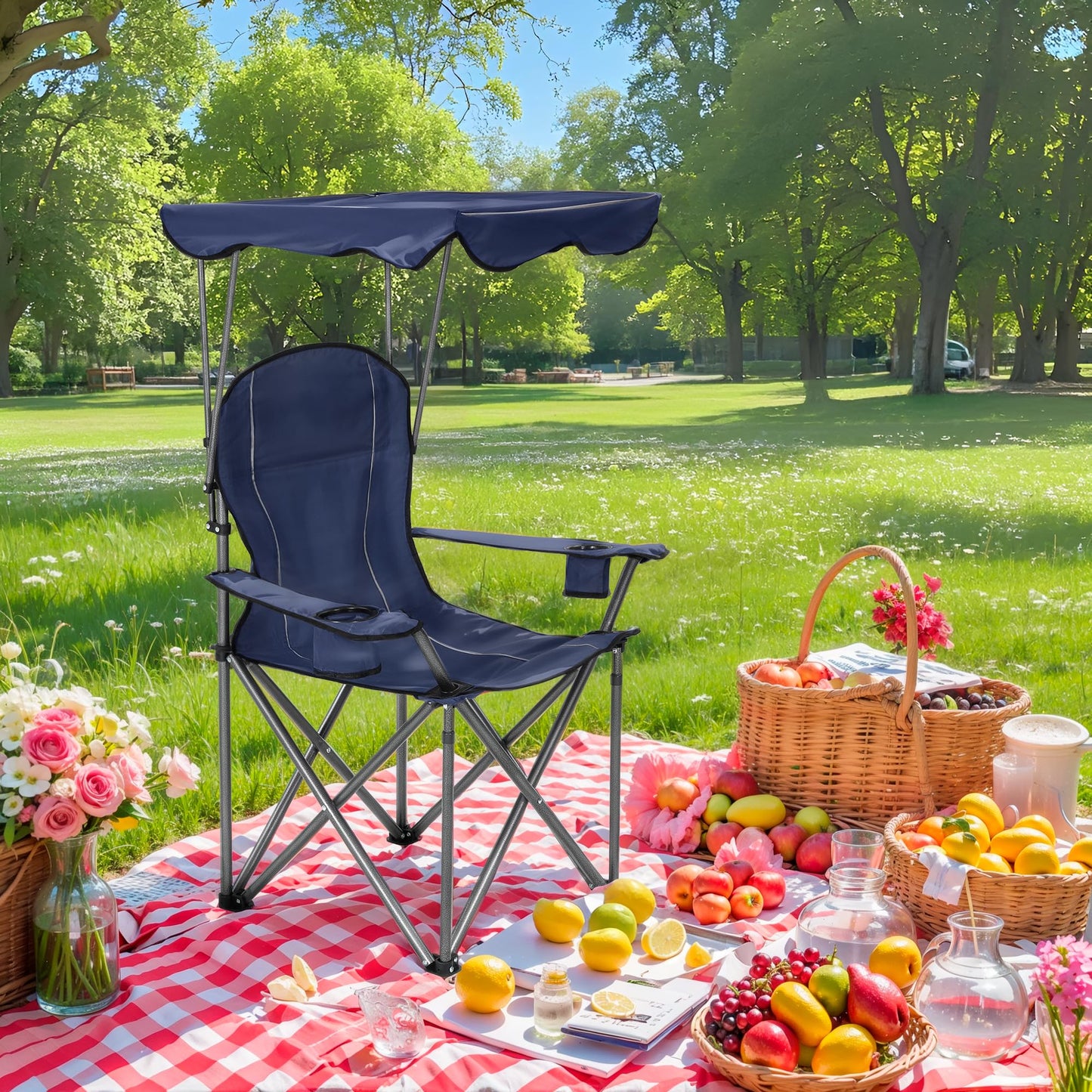 ALPHA CAMP Camp Chairs with Shade Canopy Chair Folding Camping Recliner Support 350 LBS - Navy Blue