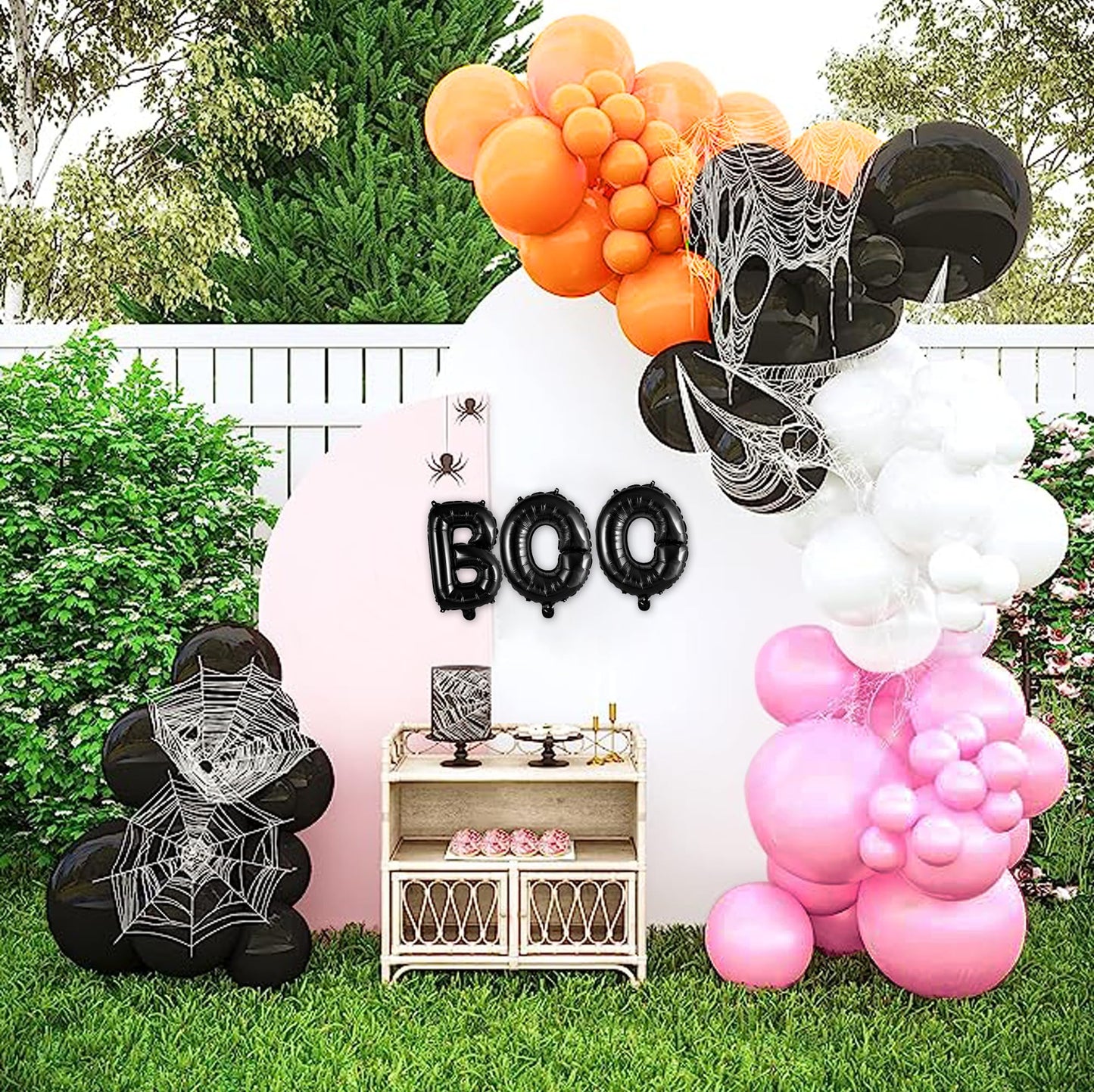 HOUSE OF PARTY Halloween Balloon Arch Kit 80 Pcs - 5/10/12/18 Inch Balloons Garland with 16" BOO Foil Balloon & Stretchy Spider Web For Halloween Party & Kids Birthday Decorations