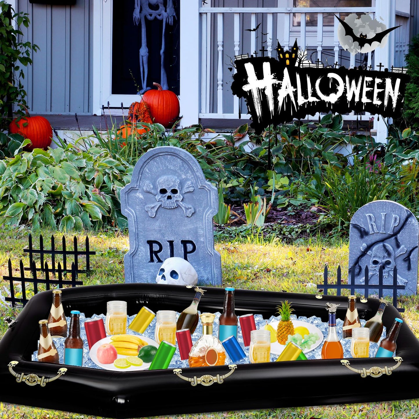 Aoriher 52 Inch Halloween Inflatable Coffin Cooler Fake Coffin Floatie Drink Ice Chest Buffet Bucket Beverage Cooler for Pool Picnic Halloween Party Decoration