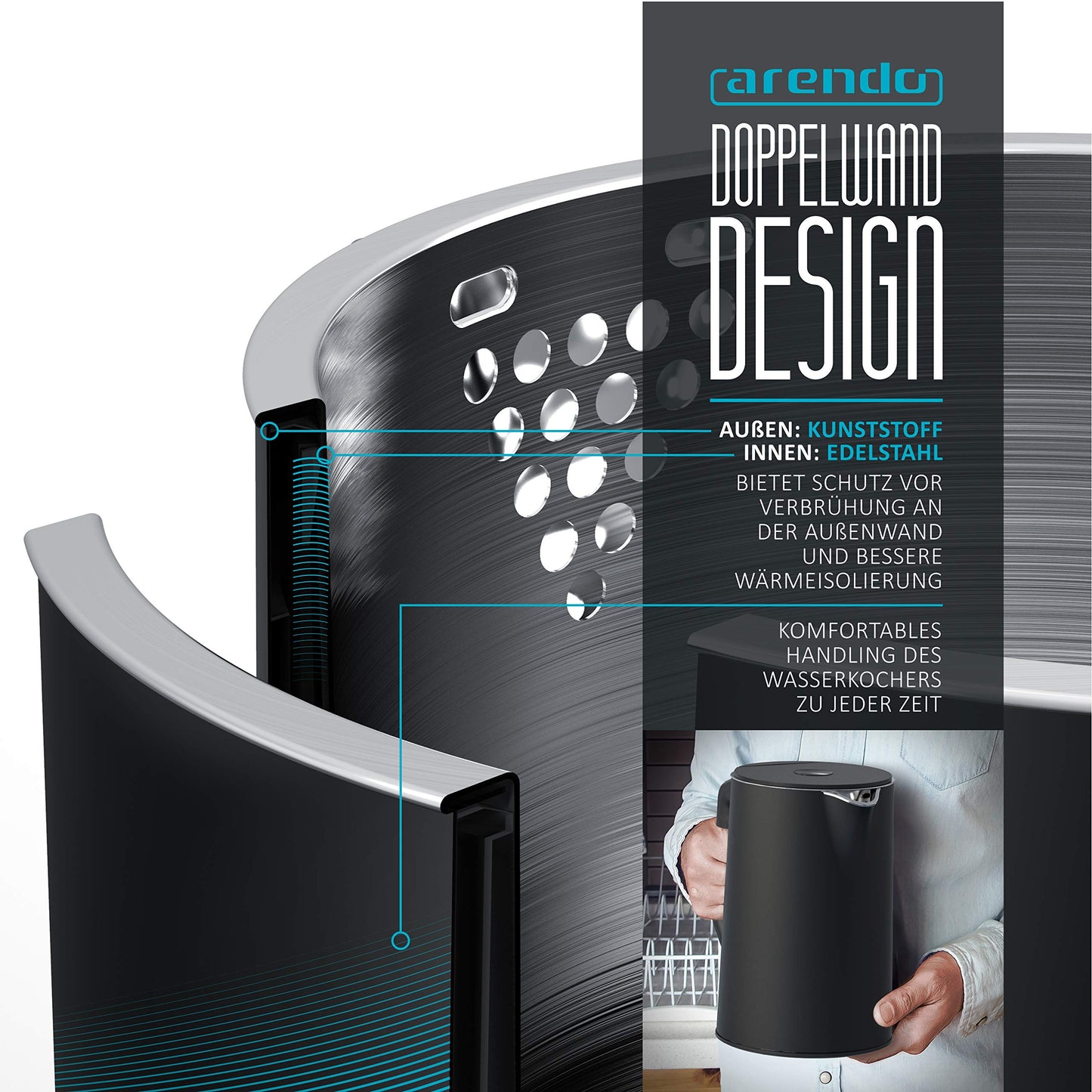 Arendo - Stainless Steel Kettle with Temperature Setting 40-100 Degrees in 5 Steps - Double Wall Design - Elegant Model - 1.5 Litre - 2200 W - Tea Maker with Temperature Display - GS - Black