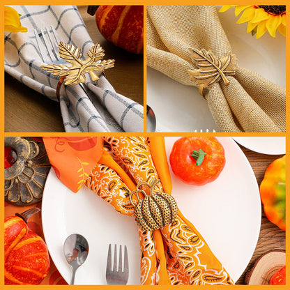 WILLBOND 12 Pcs Thanksgiving Napkin Rings Set Thanksgiving Pumpkin Leaf Themed Holders Fall Napkin Rings Alloy Design Holder Buckle for Halloween Home Party Table Decor Wedding Supplies (Golden)