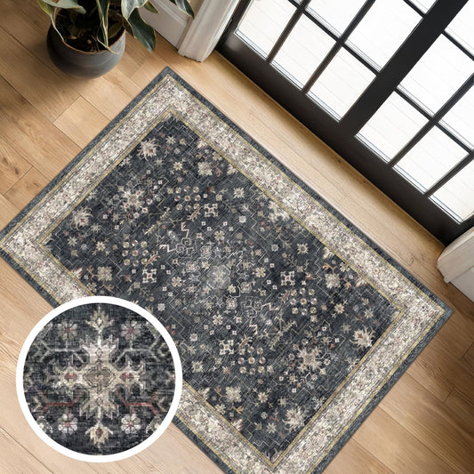 Black Washable Entry Rug, 2x3 Small Rugs for Entryway Kitchen Bathroom Door Mat Indoor Entrance, Non Slip Rubber Backing, Stain & Fade Resistant, Ashen Charcoal Floral Decor