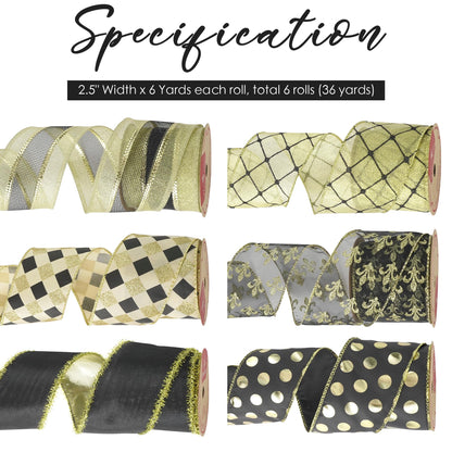 HUIHUANG Black Wired Ribbon for Christmas Tree Black and Gold Christmas Ribbons for Tree Decorations, Bows, Wreaths, Garland, Gift Wrapping, Crafts, Home Decor (2-1/2" x 6 Rolls, 36 Yds Total)