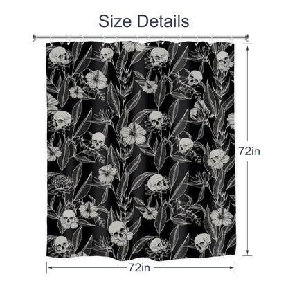 AMBZEK Black Skull Floral Shower Curtain 72Wx72L Inch Men Gothic Spooky Skeleton Goth Flower Leaves Halloween Cool Artwork Cloth Fabric Waterproof Polyester Bathroom Decor Set with 12 Pack Hooks