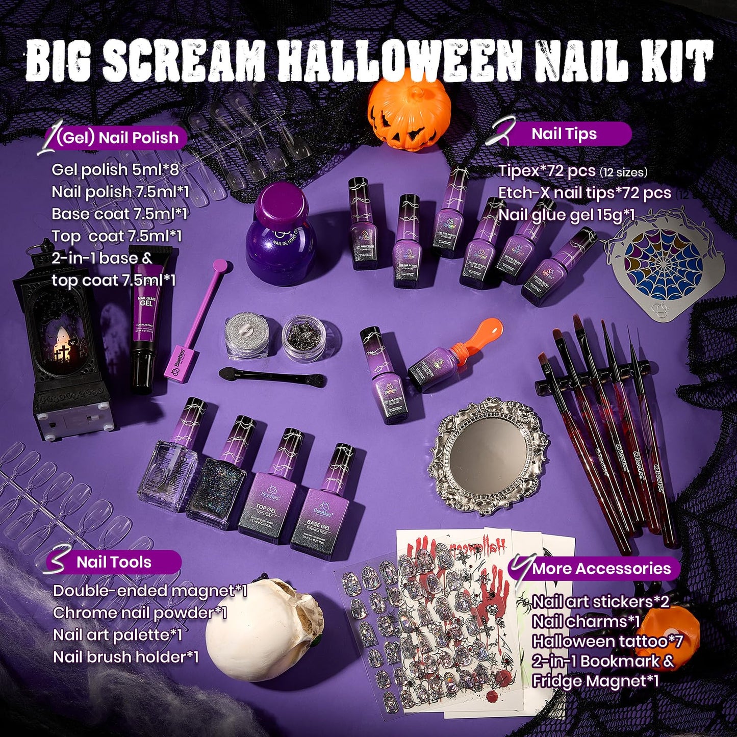 beetles Scream On Halloween Limited Box, Halloween Gel Polish Kit with UV Light, Black Orange Dark Purple Cat Eye Polish With Nail Tips Nail Sticker Manicure Kit Salon DIY Nail Art Gift Set