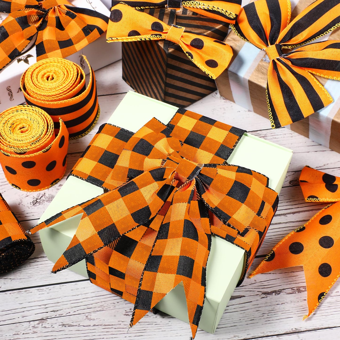 Wiaxin 3 Rolls Wired Ribbon Orange 2.5 Inch x 15 Yards Easter Orange and Black Buffalo Plaid Ribbon Gingham Ribbon Dot Pattern Striped Ribbons for Halloween Thanksgiving Fall DIY Crafts Party Decor