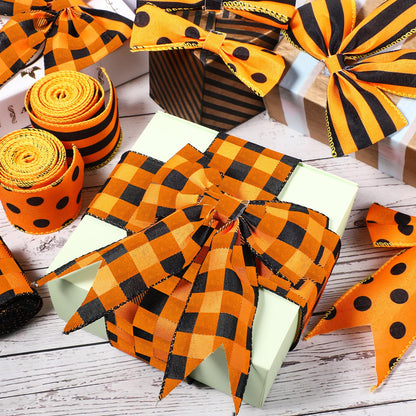 Wiaxin 3 Rolls Wired Ribbon Orange 2.5 Inch x 15 Yards Easter Orange and Black Buffalo Plaid Ribbon Gingham Ribbon Dot Pattern Striped Ribbons for Halloween Thanksgiving Fall DIY Crafts Party Decor