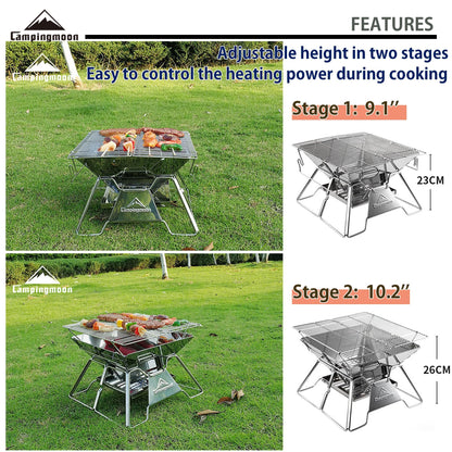 CAMPINGMOON Stainless Steel Foldable Camping Grills Portable Wood Burning Charcoal Grill 14-inch with Carrying Bag MT-2