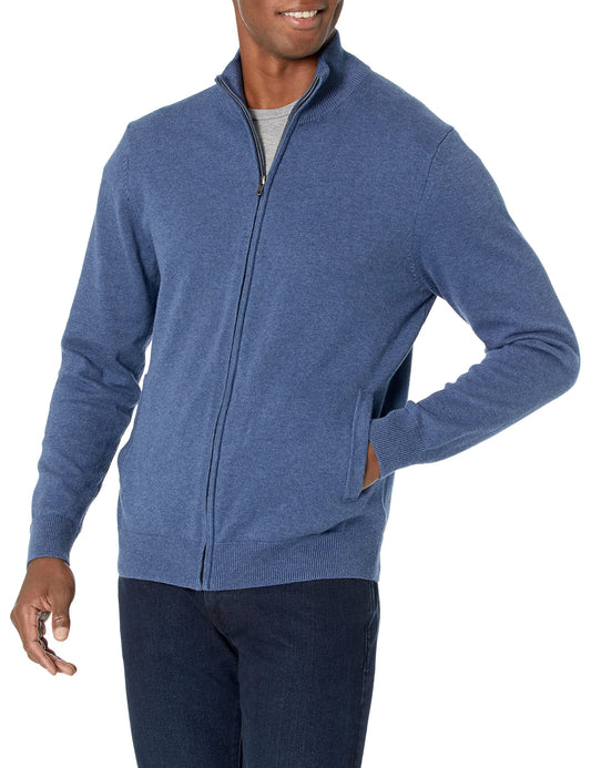 Amazon Essentials Men's Full-Zip Cotton Sweater, Blue Heather, XX-Large
