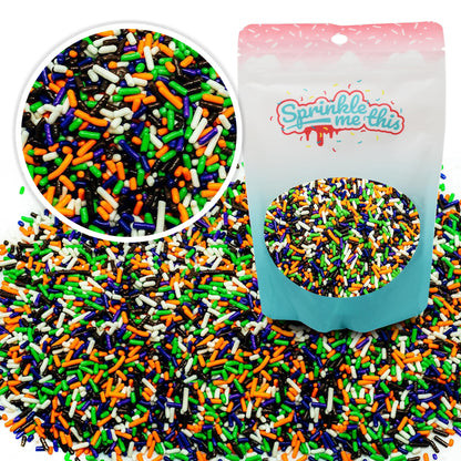 Wicked and Frightful Mix - Orange White Black Purple and Lime Green Halloween Jimmies - Cake Pop Cookie Cupcake Cakes Semi-Sweet Edible Confetti Decorations Sprinkles Dessert Jimmies Toppers - 4 Oz