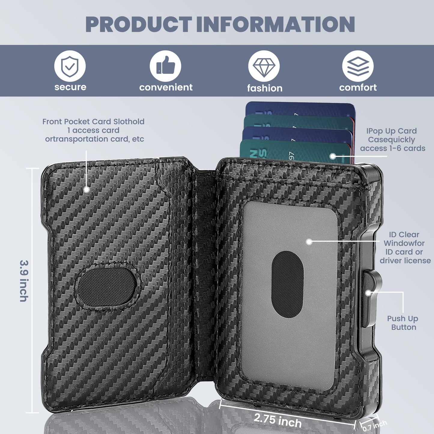 Airzoo Wallet for Men, RFID Blocking Slim Mens Wallet with Money Clip, Minimalist Pop Up Card Case, ID Window, 9-11Cards Capacity, Bifold Leather Front Pocket Wallet with Gift Box (Black-Carbon Fiber)