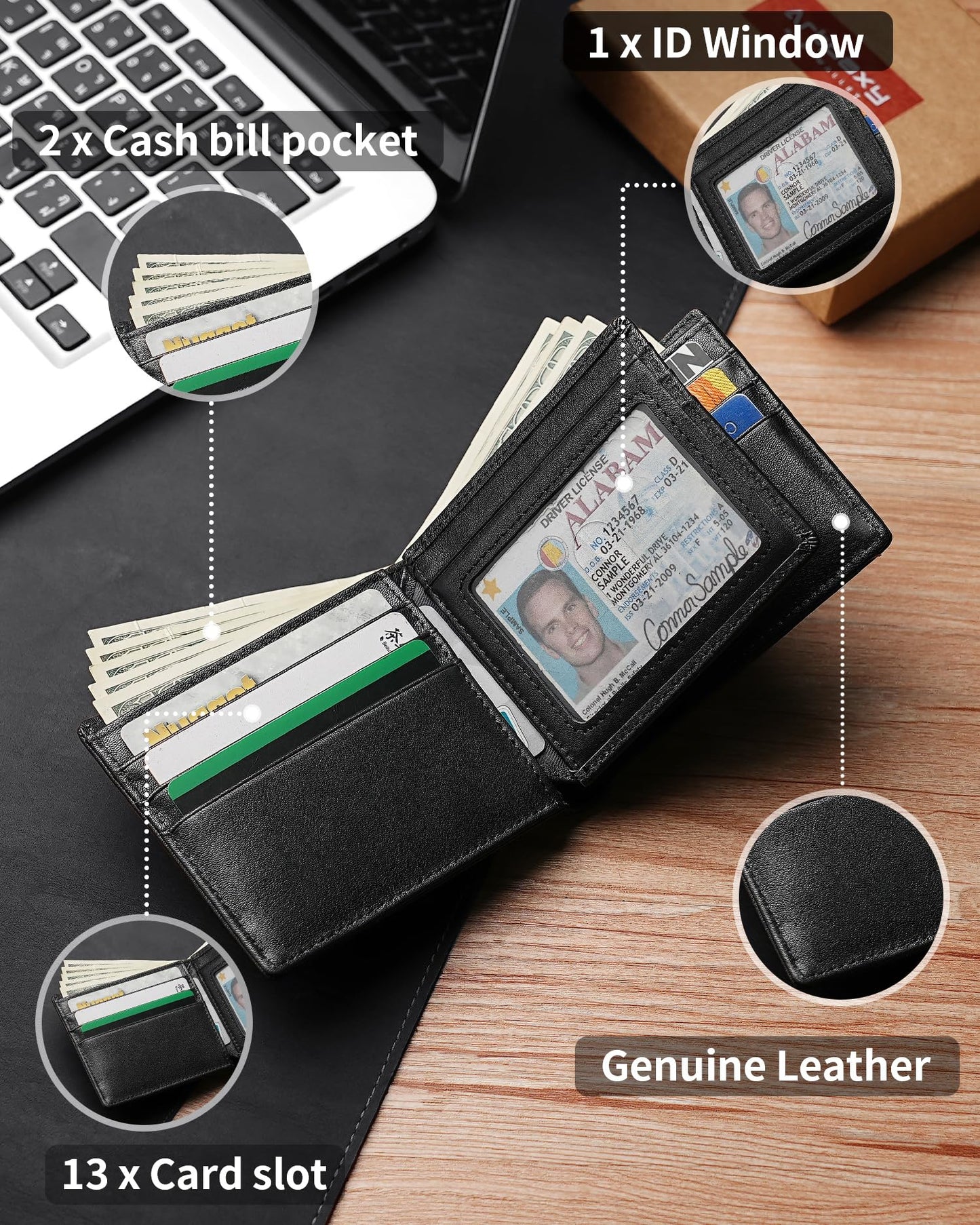 Artpaxy Mens Wallet Genuine Leather Bifold RFID Blocking Wallet for Men with 1 ID Window 13 Card Holders 2 cash pockets 1 Gift Box