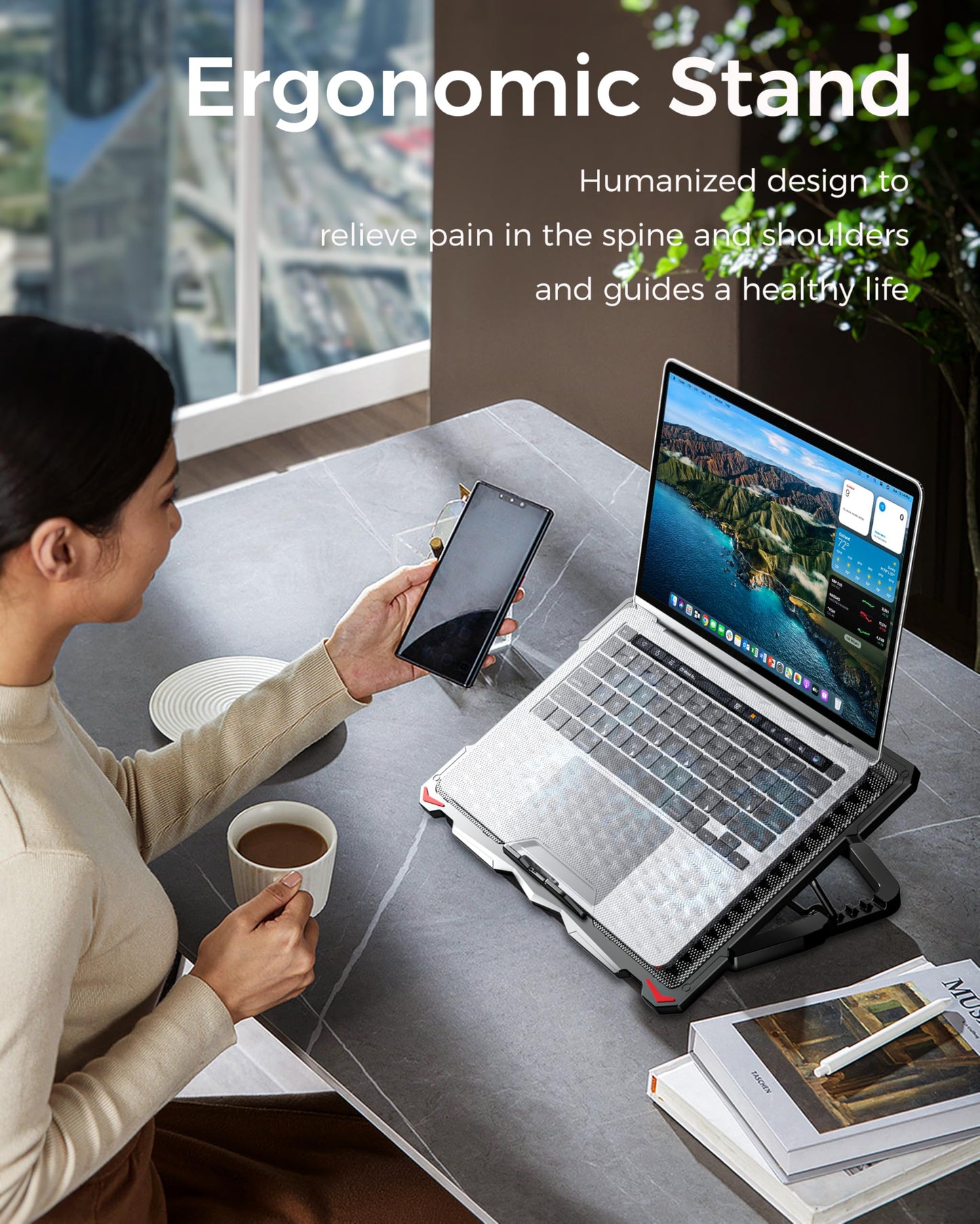 AICHESON Laptop Cooling Pad 5 Fans Up to 17.3 Inch Heavy Notebook Cooler, Blue LED Lights, 2 USB Ports, S035, Blue-5fans