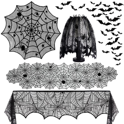 5Pack Halloween Decorations Indoor Halloween Spider Web Tablecloth Table Runners Fireplace Mantel Scarf Cobweb Lampshade Scary 3D Bats for Halloween Spooky Home Decor