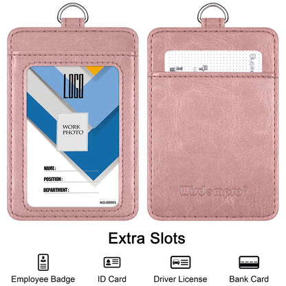 Badge Holder, Wisdompro 2-Sided PU Leather ID Badge Card Holder Wallet Case with 1 Clear ID Window and 1 Credit Card Slot and 22 Inch Quick Rlease Detachable Neck Lanyard Strap-Rose Gold (Vertical)