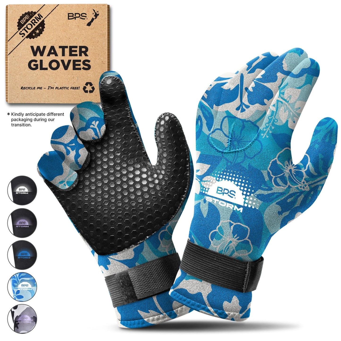 BPS Neoprene 3mm Wetsuit Gloves with Anti-Slip Rubber Printing - Watersports Gloves for Kids and Adults & Men and Women (Floral Blue/White, Small)