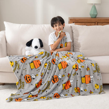 Berkshire Blanket Peanuts® VelvetLoft® Cute Character Snoopy Plush Oversized Kids Throw Blanket, Peanuts Snoopy and Woodstock Happy Halloween Spooky Chateau Grey (50in x 60in)