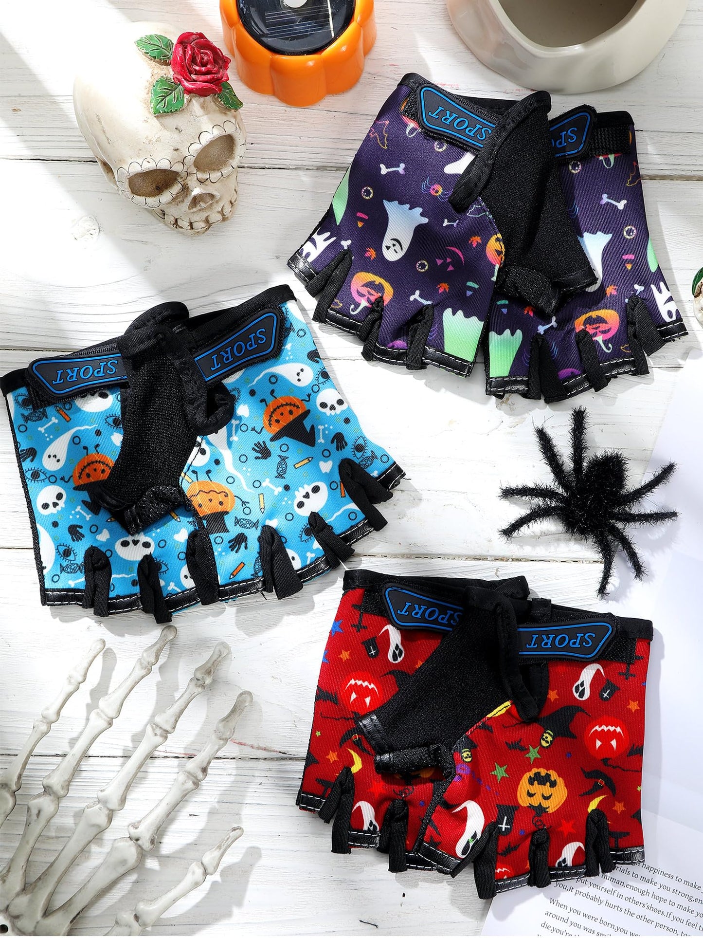 Boao 3 Pairs Kids Bike Gloves Kids Half Finger Fingerless Workout Gloves Non-Slip Gel for Bike Motorcycle(Halloween 1,3-5 Years)