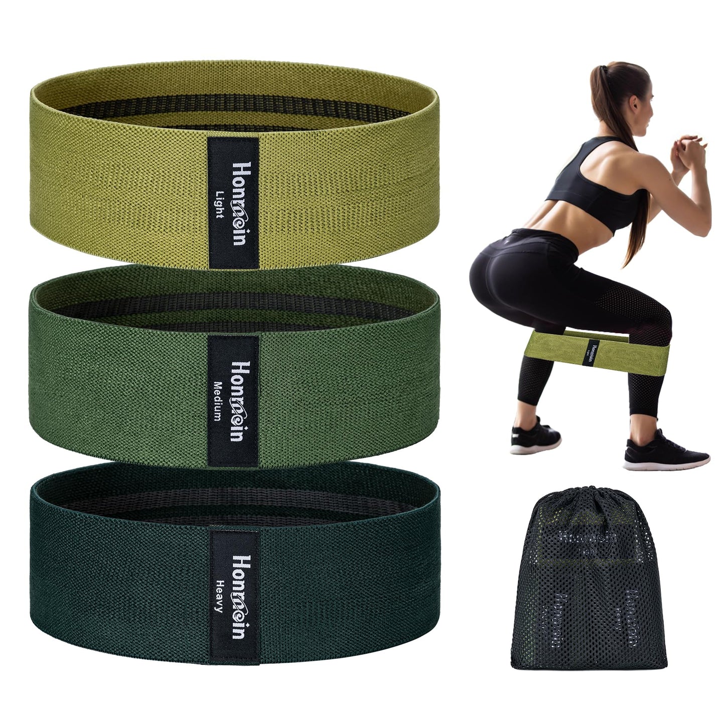 Honmein Resistance Bands for Working Out, 3 Levels Exercise Bands Workout Bands Set for Women Men, Hip Legs Booty Bands for Home Fitness, Gym, Yoga, Pilates(Green)