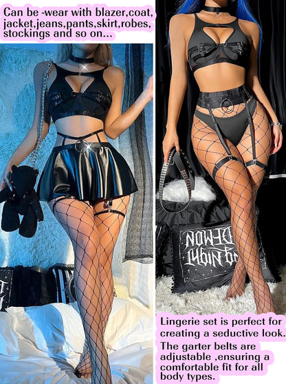 Avidlove Sexy Lingerie Set with Underwire Garter Belt Lingerie Set for Women Bra and Panty 5 Piece with Choker(No Stockings) Black