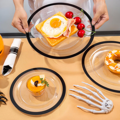 I00000 350 Pcs Clear and Black Plastic Plates,Black Dinnerware Set, Include 50 Dinner and 50 Dessert Plates,50 Plastic Cups,50 Per Rolled Napkins with Cutlery for Party,Wedding,Halloween
