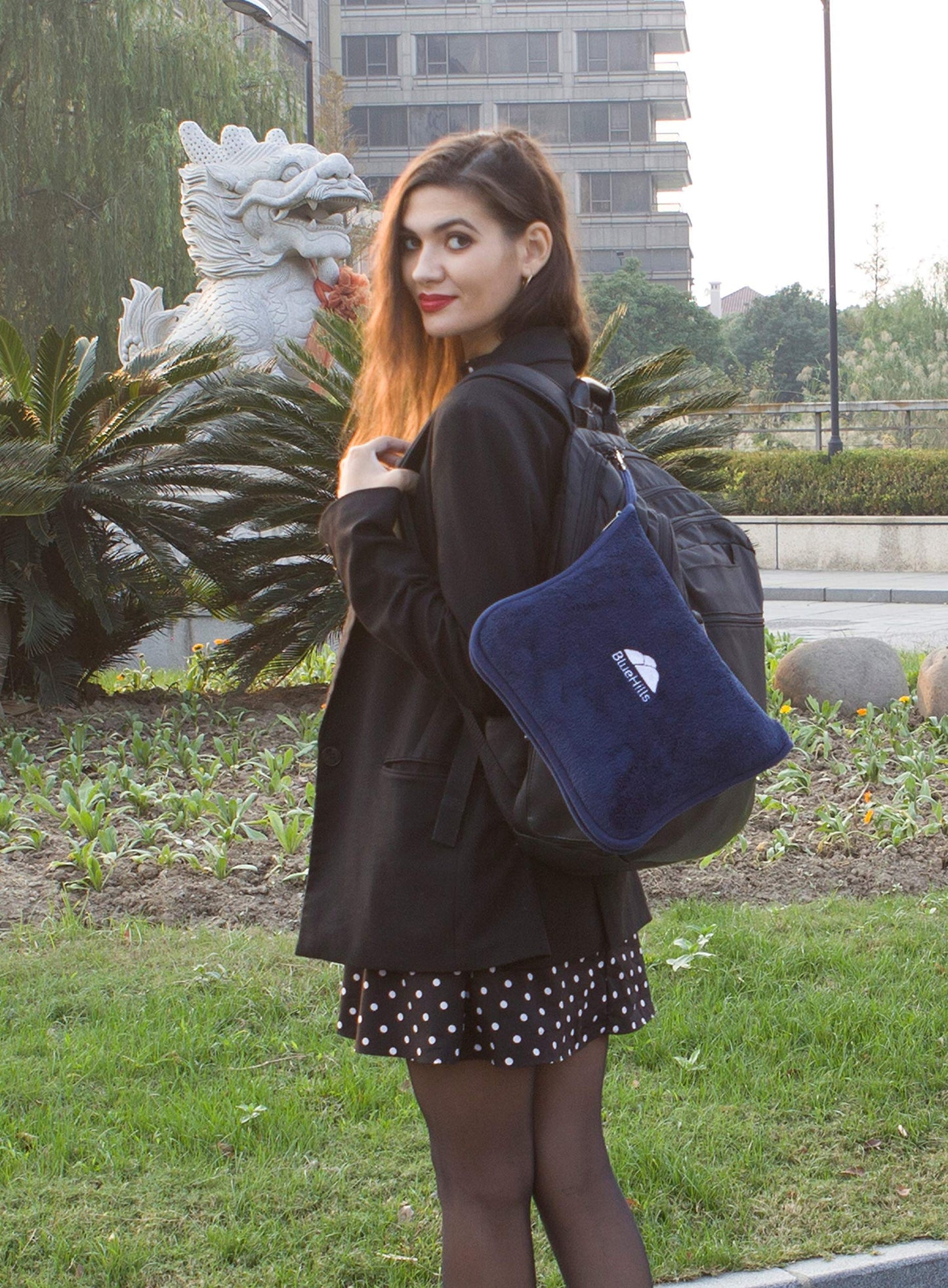 BlueHills Premium Soft Travel Blanket Pillow Airplane Blanket Packed in Soft Bag Pillowcase with Hand Luggage Belt Compact Pack Large Long Flight Essentials Portable Navy Blue T002