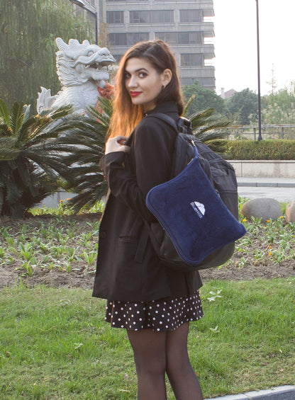 BlueHills Premium Soft Travel Blanket Pillow Airplane Blanket Packed in Soft Bag Pillowcase with Hand Luggage Belt Compact Pack Large Long Flight Essentials Portable Navy Blue T002