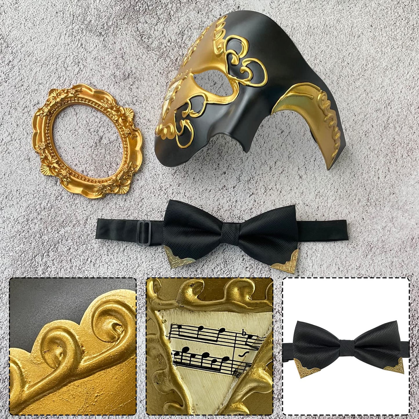 HyperFun Mens Masquerade Mask Phantom of The Opera Half Face Mask with Bowtie, Vintage Venetian Masks for Halloween Costume Party (Black Poets)