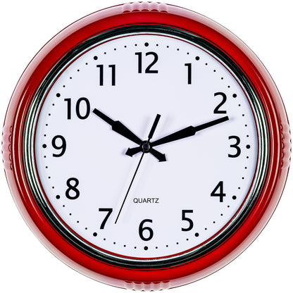 Bernhard Products Retro Wall Clock 9.5 Inch Red Kitchen 50's Vintage Design Round Silent Non Ticking Battery Operated Quality Quartz Clock