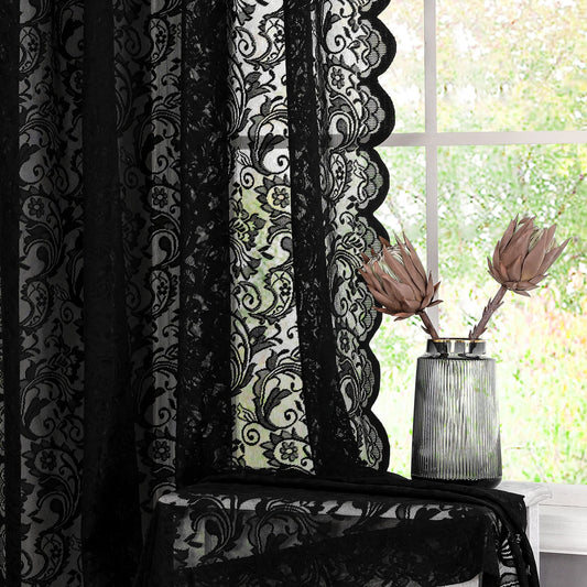 Bujasso Black Sheer Lace Curtains 63 inch Luxury Vintage Floral Sheer Window Curtain Panels for Living Room Bedroom Light Filtering Gothic Halloween Black Drapes Rod Pocket 54" Wx63 Lx2