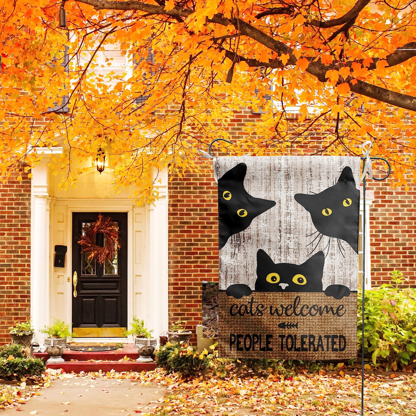 Black Cat Garden Flag Cats Welcome People Tolerated Sign Flag Halloween Banners for Outside 12 X 18 Double Sided Cat Lovers Gifts for Women