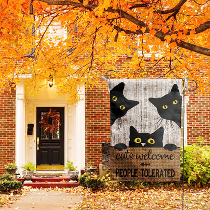 Black Cat Garden Flag Cats Welcome People Tolerated Sign Flag Halloween Banners for Outside 12 X 18 Double Sided Cat Lovers Gifts for Women